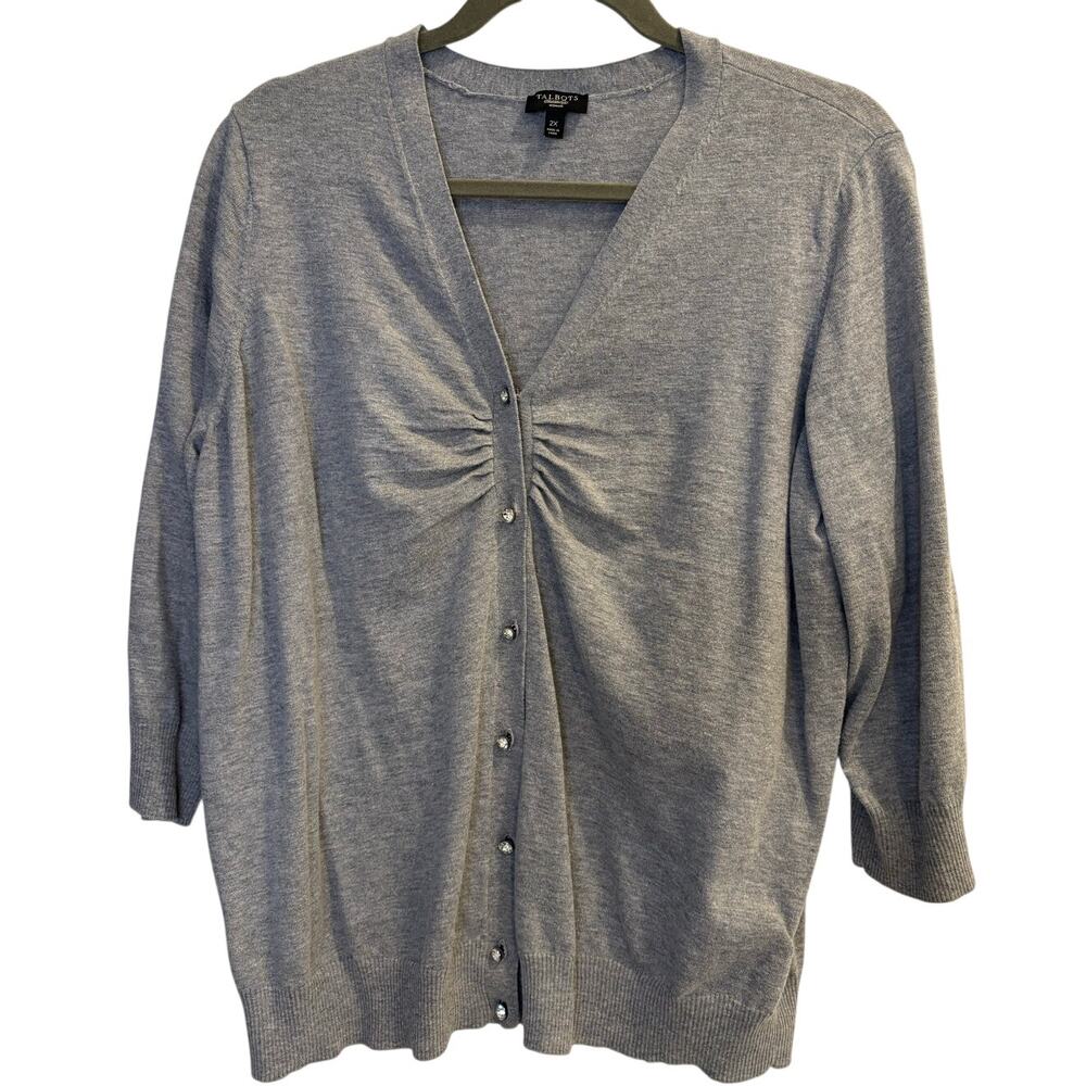 Talbots Collection Size 2X Gray Ruched Gemstone Buttons Cardigan Sweater